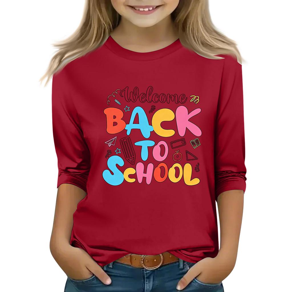 Kids Casual Printed Round Neck 3/4 Sleeve Top for Back To School