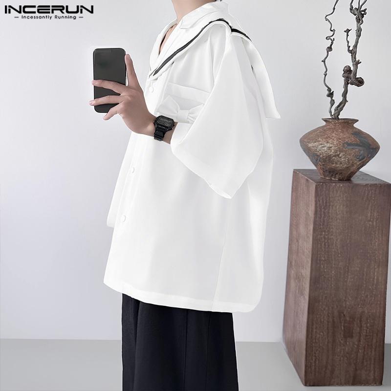 INCERUN Oversized Men Naval Collar Short Sleeve Stitching Casual Loose Shirts Tops