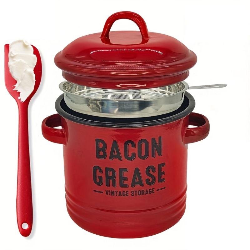 

Multipurpose Enamel Grease Keeper With Strainer And Silicone Spatula For Preserving Bacons Drippings Fat And Kitchen Use красный