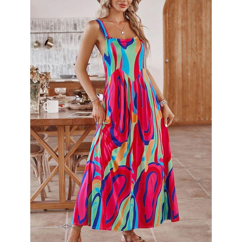 Bohemian Style Summer New off-Neck Irregular Print A Word Backless Sling Dress Beach Long Dress