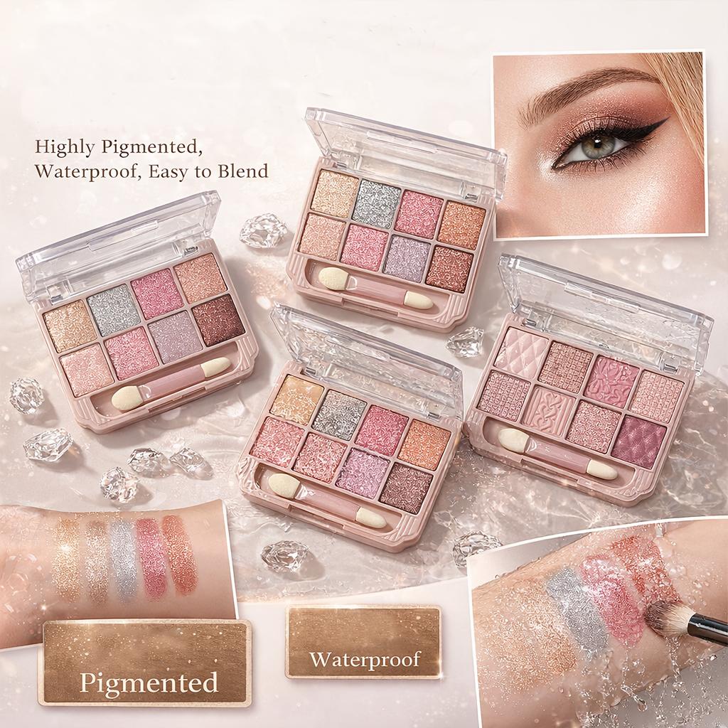 8pcs Eyeshadow Palette Set Available In Matte and Shimmer Finishes Featuring A Pearl Texture, Long Lasting and Highly Saturated Light Pink Tones
