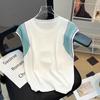 Women's Spliced Contrast Color Knitted Vest Summer Ice Silk Loose Sleeveless Korean Commute Thin Pullover Crew Neck T-shirt Tops