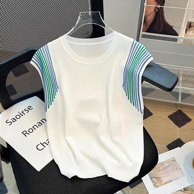 Chaleco de Punto de Color en Contraste Empalmado para Mujer Verano Seda de Hielo Holgado Sin Mangas Coreano para Ir al Trabajo Jersey Fino Cuello Redondo Camiseta Tops