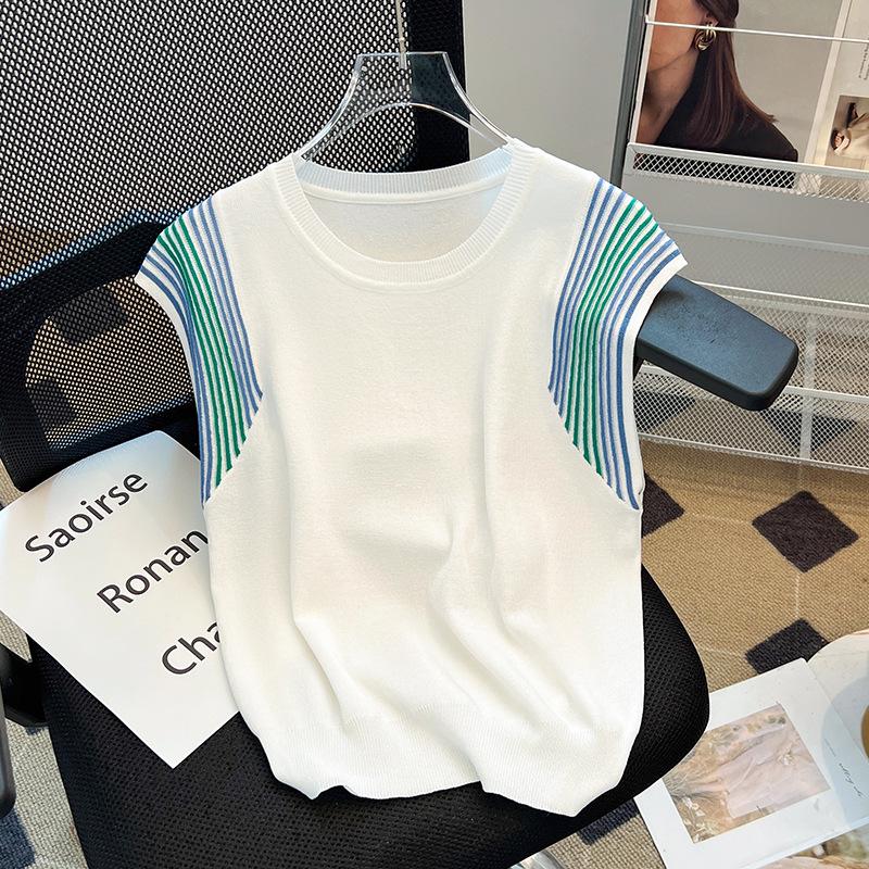 Women's Spliced Contrast Color Knitted Vest Summer Ice Silk Loose Sleeveless Korean Commute Thin Pullover Crew Neck T-shirt Tops