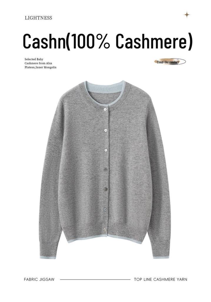 Women's 100% Pure Cashmere Color Block Round Neck Cardigan Sweater
