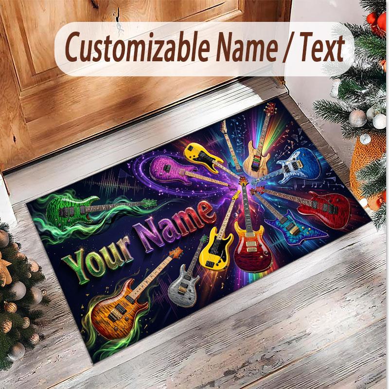 Alfombra de Terciopelo de Cristal Suave con Tema de Guitarra Musical Impresión de Nombre y Texto Personalizados Alfombra de Piso Antideslizante para Dormitorio Sala de Estar