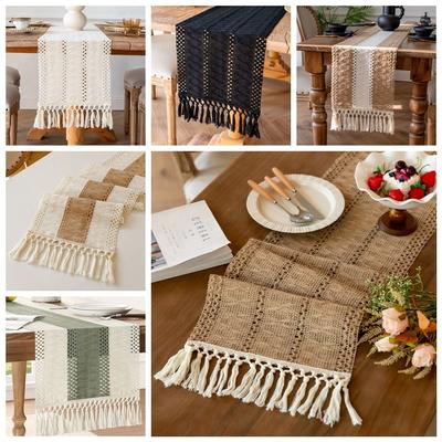 American Style Cotton and Linen Table Runner Rustic Rectangular Boho Table Runner Solid Color with Tassel