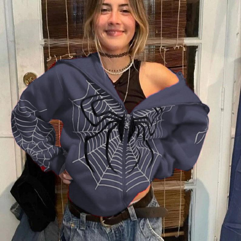 Women S Casual Hooded Zipper Sweatshirt Spider Web Spring Autumn