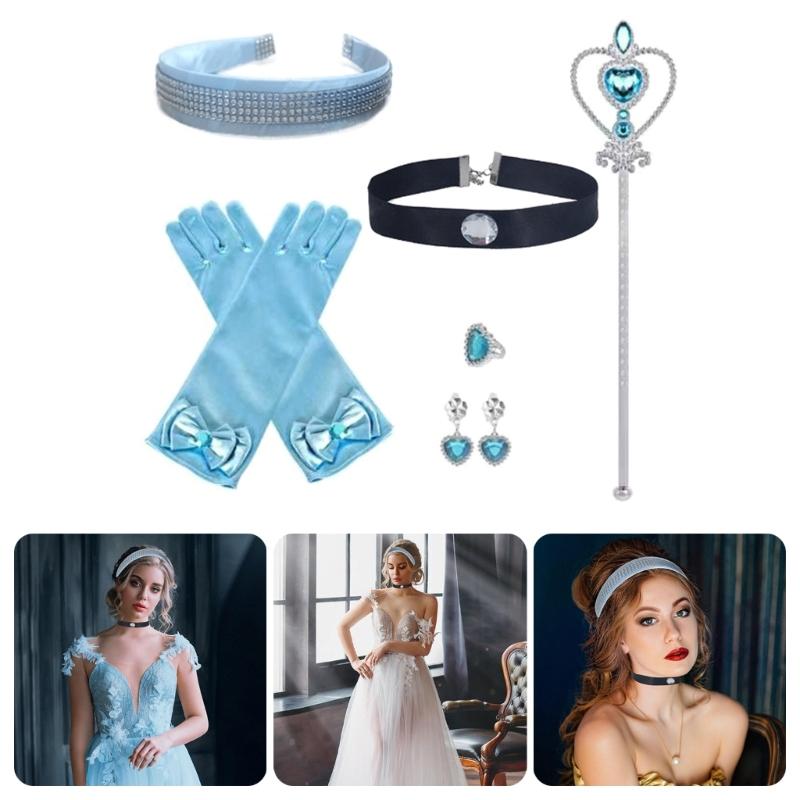 Women Princess Headband Choker for Halloween Cosplay Parties with Rhinestones Decors Kids Girl Costume Hair Accessories