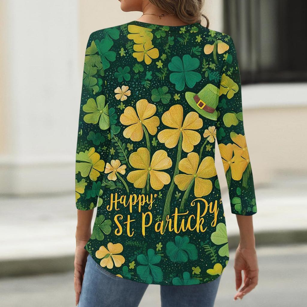 Dámské Módní Ležérní St. Tričko s potiskem na Den svatého Patrika, s kulatým výstřihem a tříčtvrtečním rukávem
