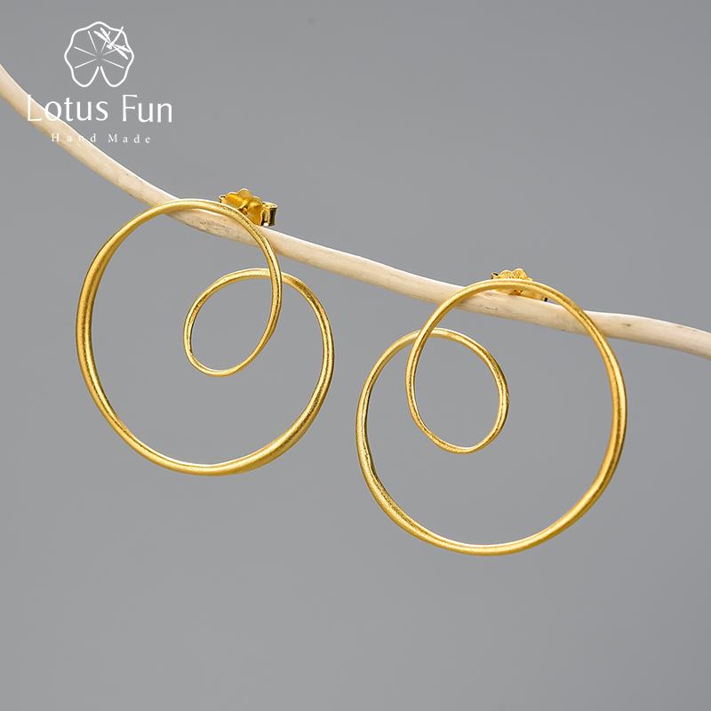 

Lotus Fun из настоящего стерлингового серебра 925 пробы, минимализм, круглые спиральные витые необычные серьги-гвоздики для женщин, ювелирные изделия из золота 18 карат