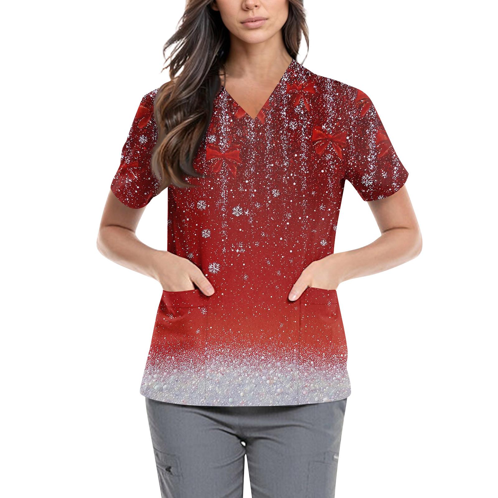 

Женская симпатичная принтованная рабочая одежда с V-образным вырезом, двухслойными карманами, базовым коротким рукавом, пуловером ко Дню святого Валентина L красный