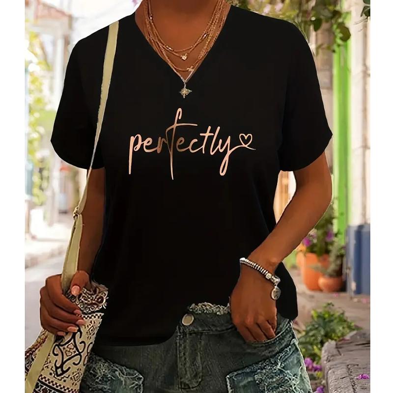 Fashion Monogram Painting Blouses Short Sleeved V-Neck T Shirts Casual