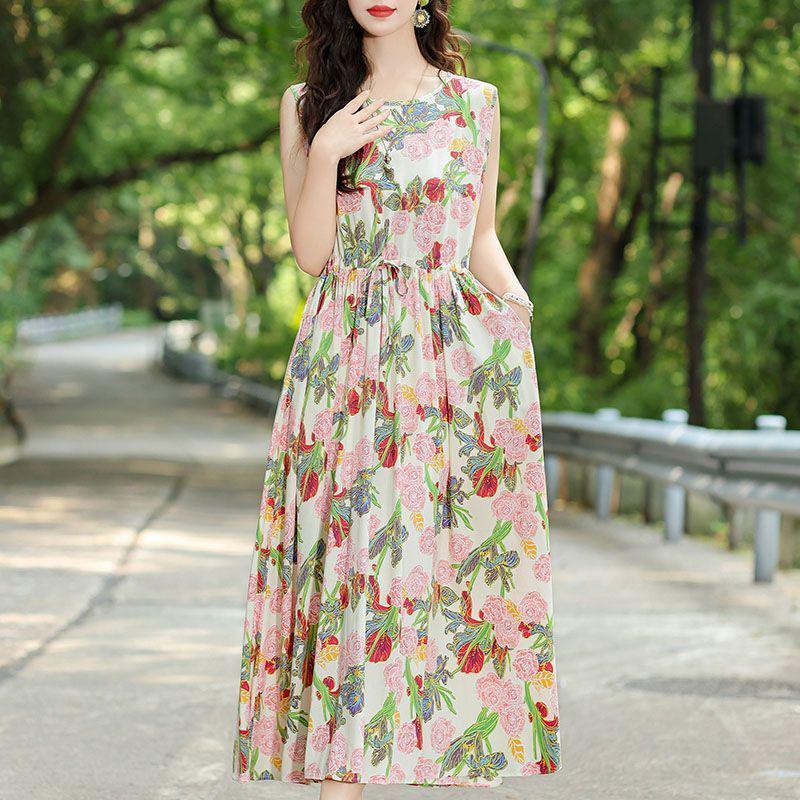 New Summer Floral Cotton-Silk Sleeveless Dress - Plus Size, Loose Fit, Slimming, Vacation Style Mom’s Long Dress