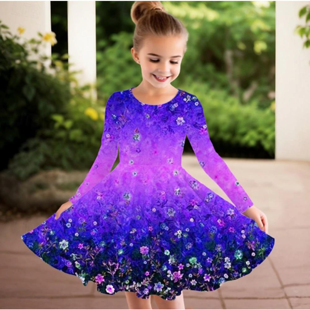 Girl Casual 3D Flower Pattern Print Round Neck Long Sleeve Dress Kid Princess Dress 80