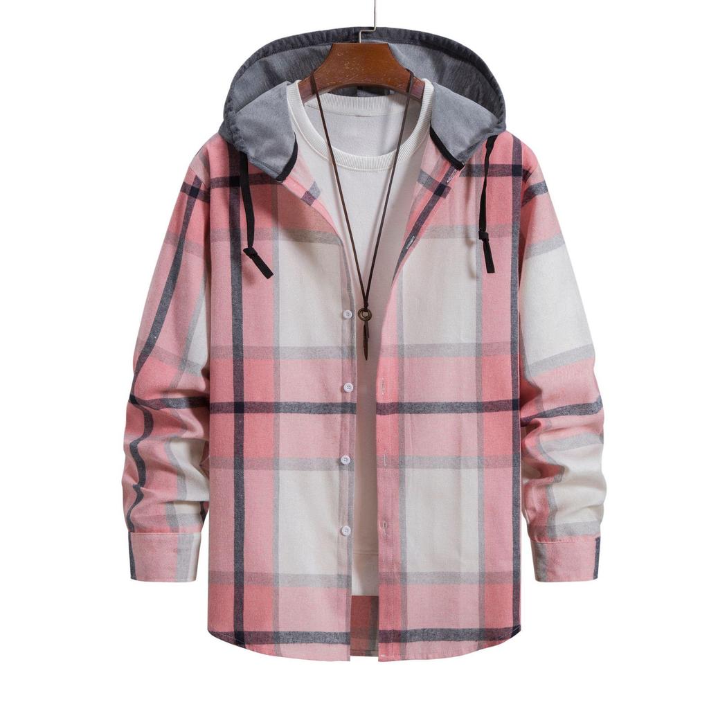 Korean Style Plaid Hooded Long Sleeve Men's Casual Shirt - 2024 Spring/Autumn Trend