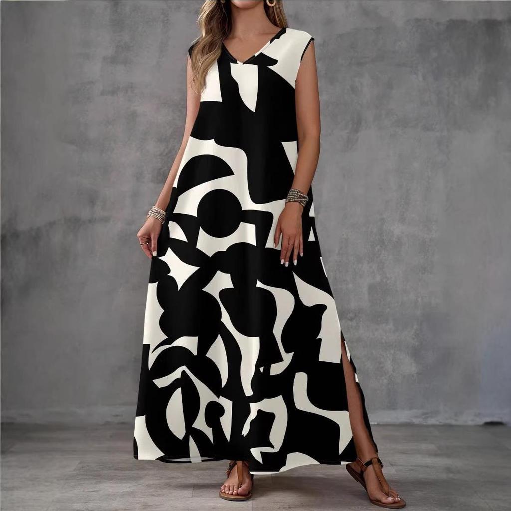 Summer 2026 European V-Neck Casual Women's Printed Long Dress