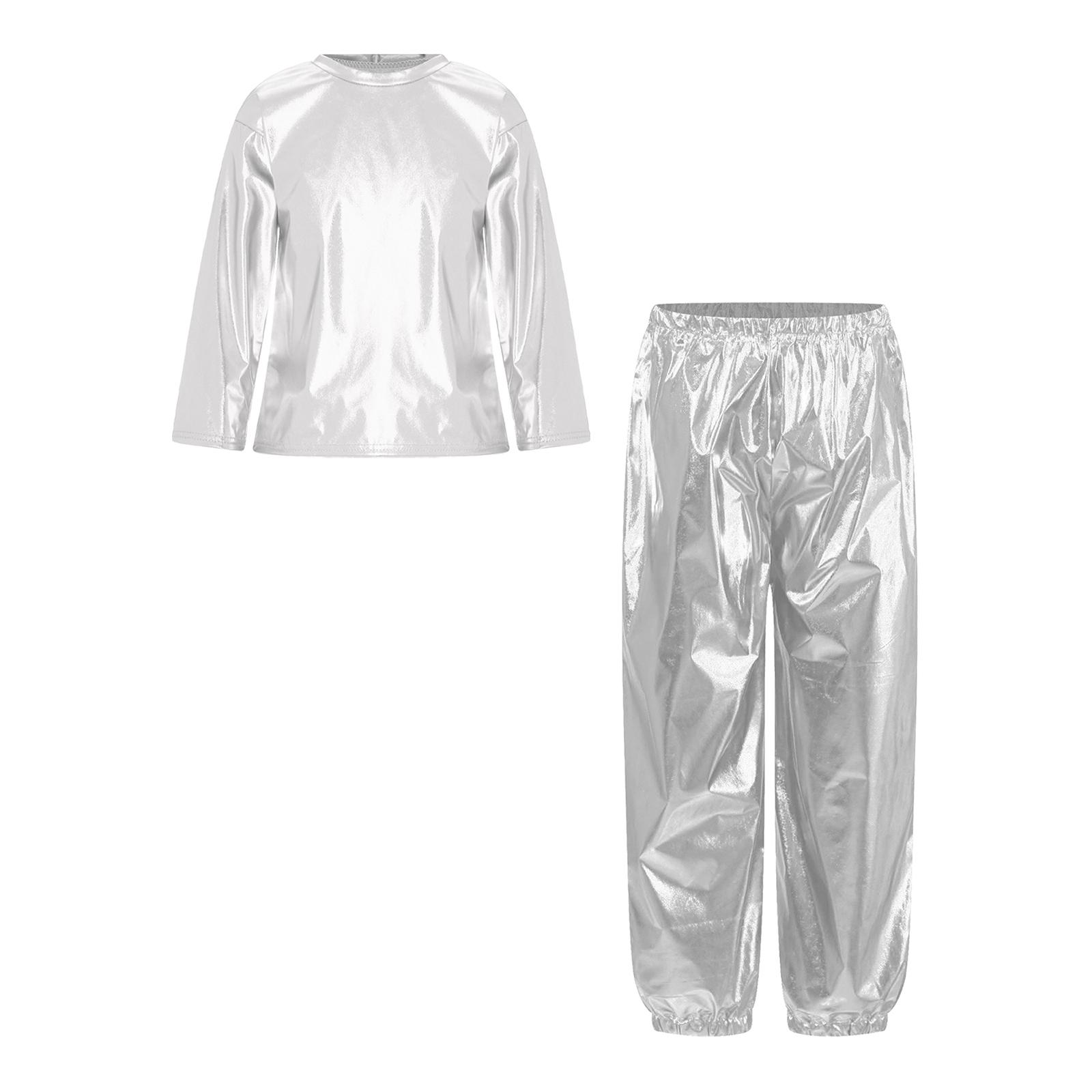 

Дівчачий костюм для танцювальної вечірки Металізована блискуча футболка з довгим рукавом та круглим вирізом з комплектом штанів для виступів 11-12 Years срібний