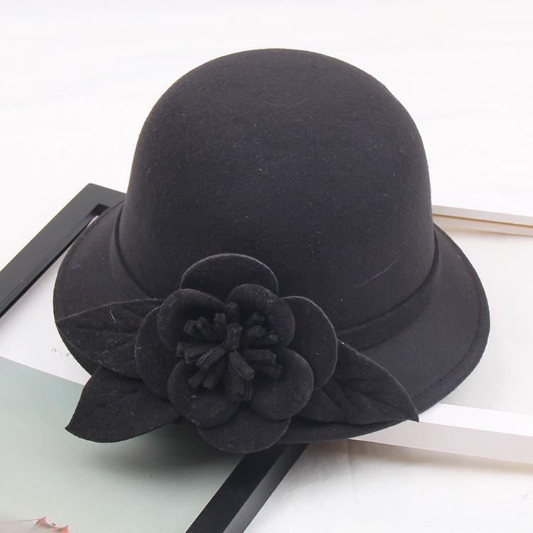 New Hat Women's Autumn and Winter British Woolen Woolen Pot Hat Fashion Flower Bucket Hat Warm Felt Top Hat