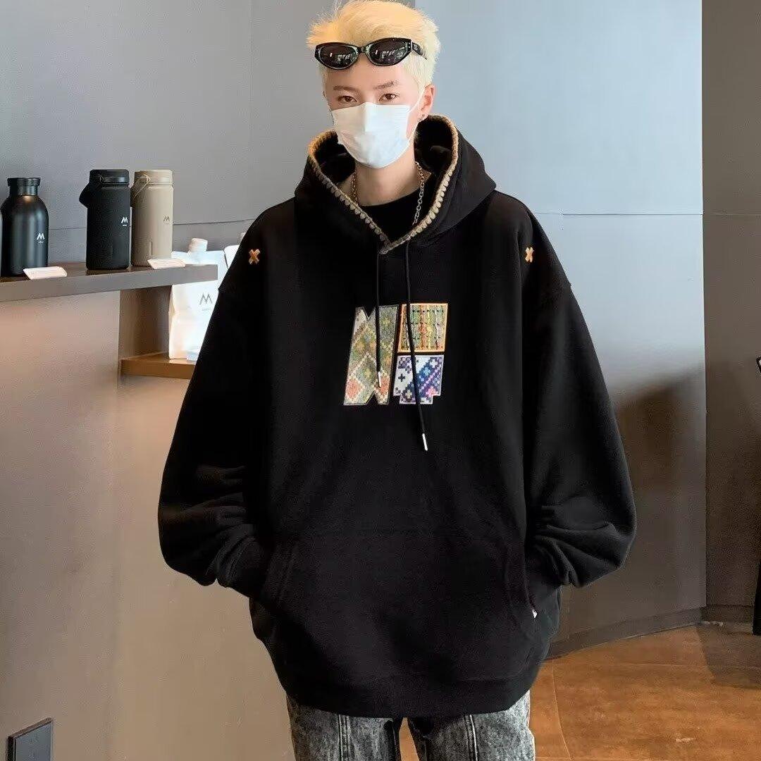 

American retro hooded pullover sweater men s spring and autumn loose oversize original style couple casual versatile coat 3XL чорний