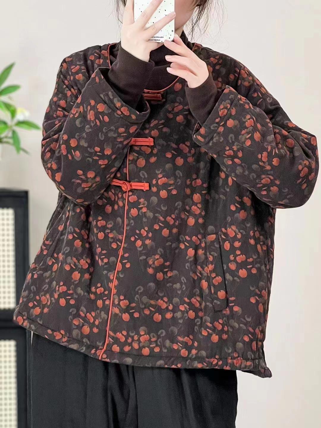 

Johnature Женское зимнее винтажное цветочное принтовое пальто с круглым вырезом и длинными рукавами в китайском стиле One Size