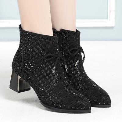 Mesh-Kurzstiefel Neue Damenschuhe Dicke Absätze Mesh-Stiefel Ausgehöhlte Einzelstiefel Strass Einzelschuhe Damen High Heels