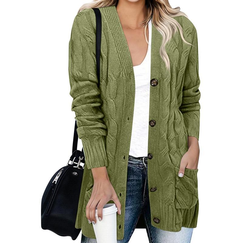 Damenmode Einfarbige Lässige Strickjacke Zopfmuster Knopf Strickjackenpullover