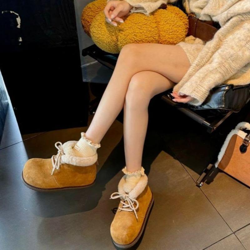 Big Head Snow Boots Winter New Round Toe Suede Lace-up Soft Sole Non-slip Warm Cotton Shoes