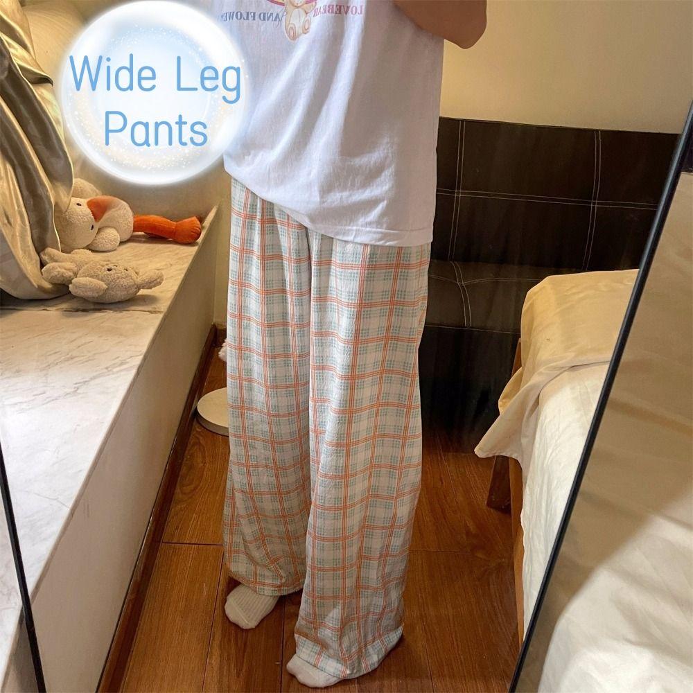 Loose Casual Long Pants Women Chic Wide Leg Pants Plaid Straight Leg Pants Indoor Outdoor