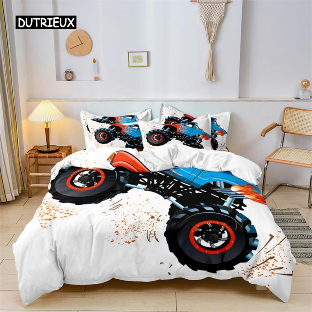Boys Cartoon Car Duvet Cover Bedding Set Construction Vehicles Comforter Cover Kid Cartoon Machinery Truck Soft Polyester Decor
