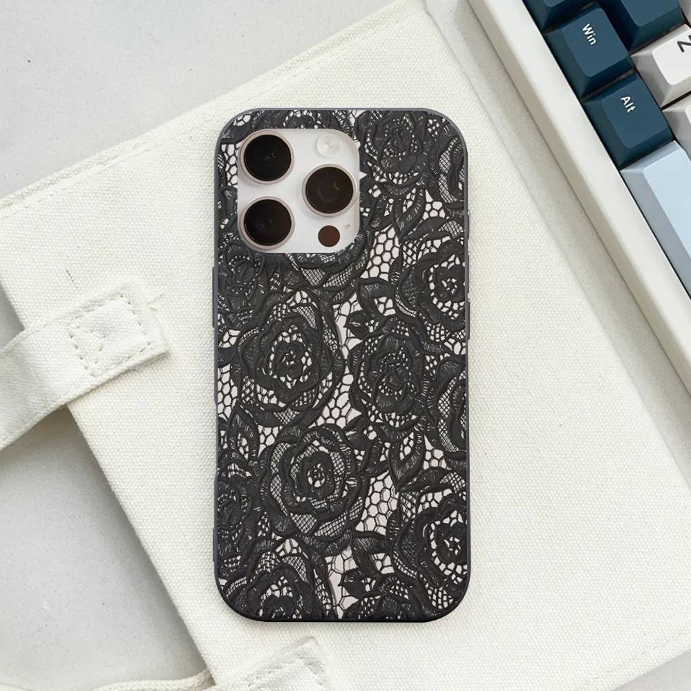 Black Lace Pattern Personalized Mobile Phone Case For IPhone 17 16 15 11 12 13 14 Pro Max Soft Corrugated Silicone Cover Case