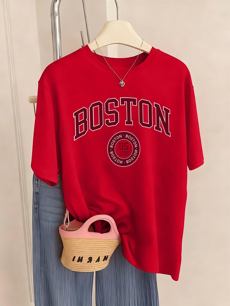 Boston City Us 1630 Letter Prints TShirts Womens Summer Basic T Shirts ONeck Soft Short Sleeve Tops Casual Loose Woman Clothes