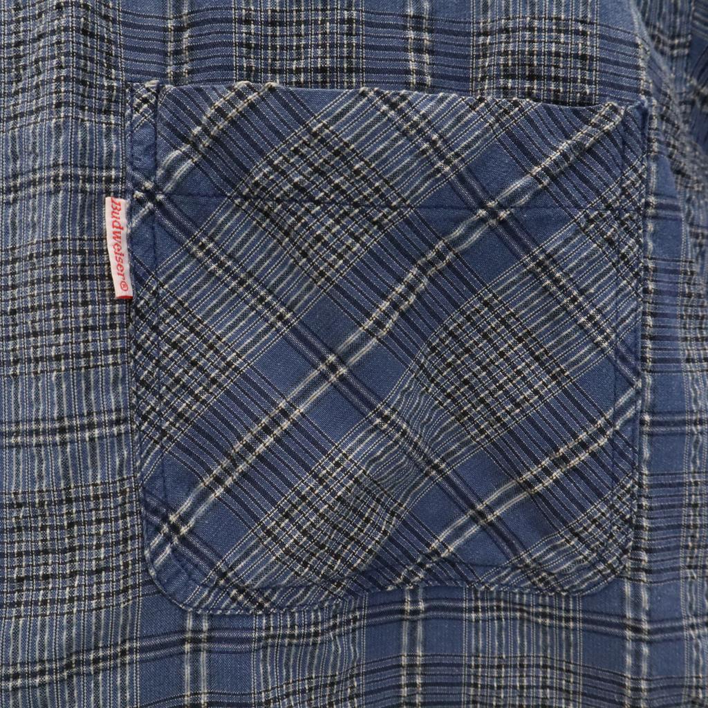 Budweiser Check Pattern Short Sleeve Shirt L Navy Seersucker Men's Used