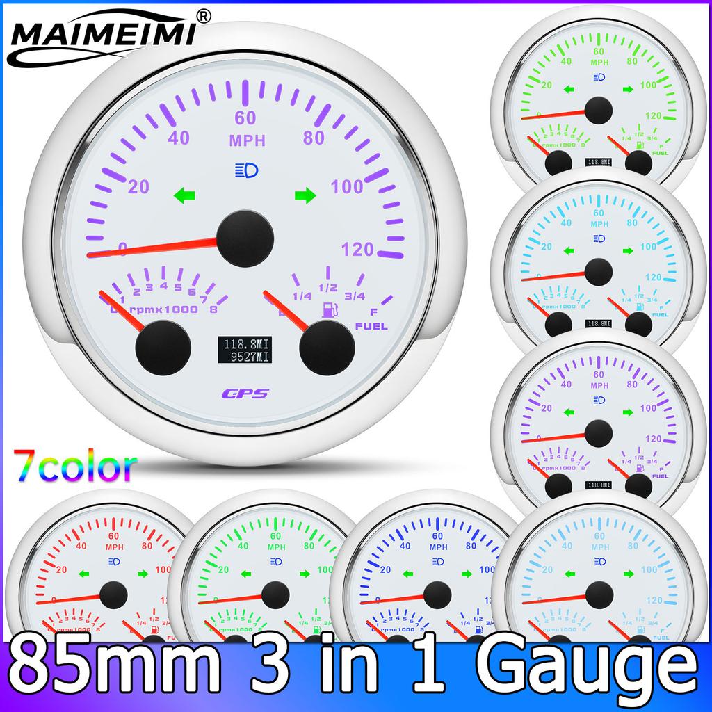 0-8000RPM Tachometer 85mm 3 in 1 Multifunctional  GPS Speedometer KMH MPH Fuel Level Meter 7 Colors Backlight 9-32V
