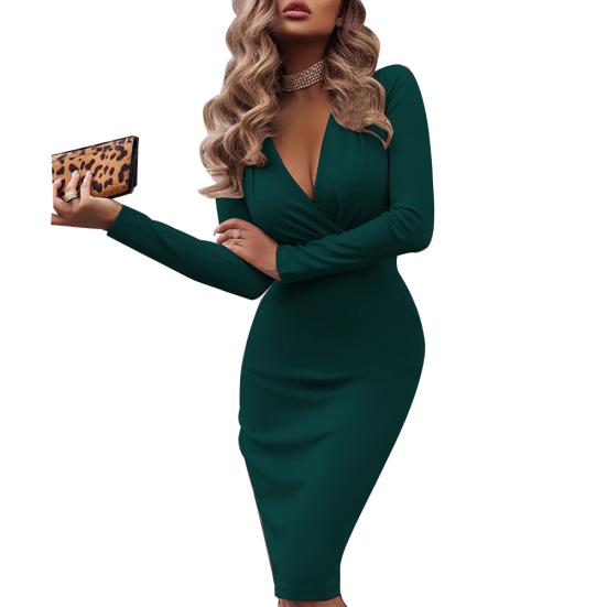 Elegante Abito Autunnale da Donna a Maniche Lunghe con Scollo a V Profondo, Pieghettato, Bodycon, Lunghezza al Ginocchio