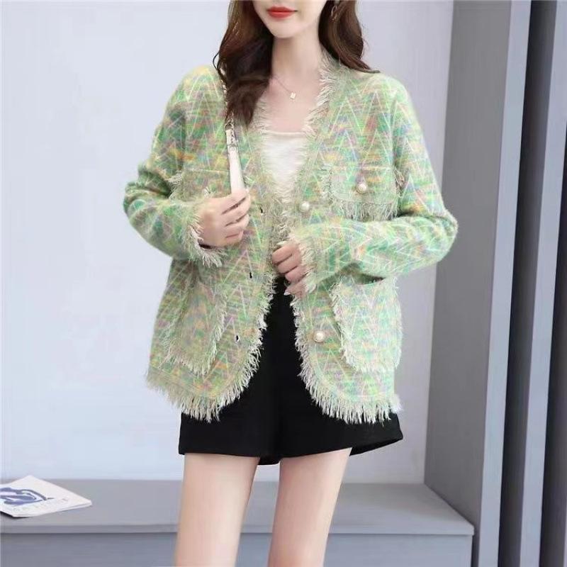 

Водонепроницаемый норковый свитер куртка женская знаменитость ниша свободный свободный бахрома вязаный длинный рукав кардиган женский One size зелёный