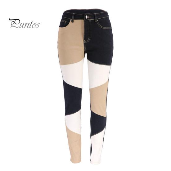 Pencil Jeans Color Block Multi Pockets Button Zipper Fly Women Denim Pants Butt-lifting High Waist Trousers Streetwear