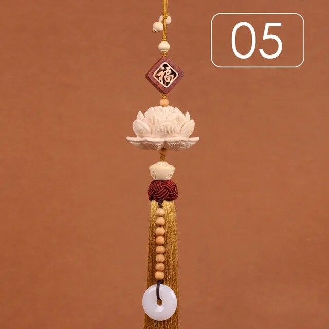 Chinese Style Lucky Fu Wooden Carved Lotus Buddha Statue Pendant Creative Gift Home Car Hanging Accessories Decor Auto Interior