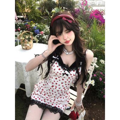 Flower Print Fairy Bow Sleeveless Women Dress Y2k Aesthetic Slim Waist Tunic Lace Patchwork Dresses Sexy Harajuku Split Vestidos