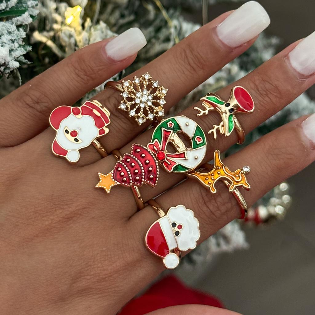 SHIXIN 7Pcs/Set Rhinestones Snowflake Christmas Tree Santa Claus Rings Women Cute Adjustable Knuckle Rings New Year Jewelry 2026