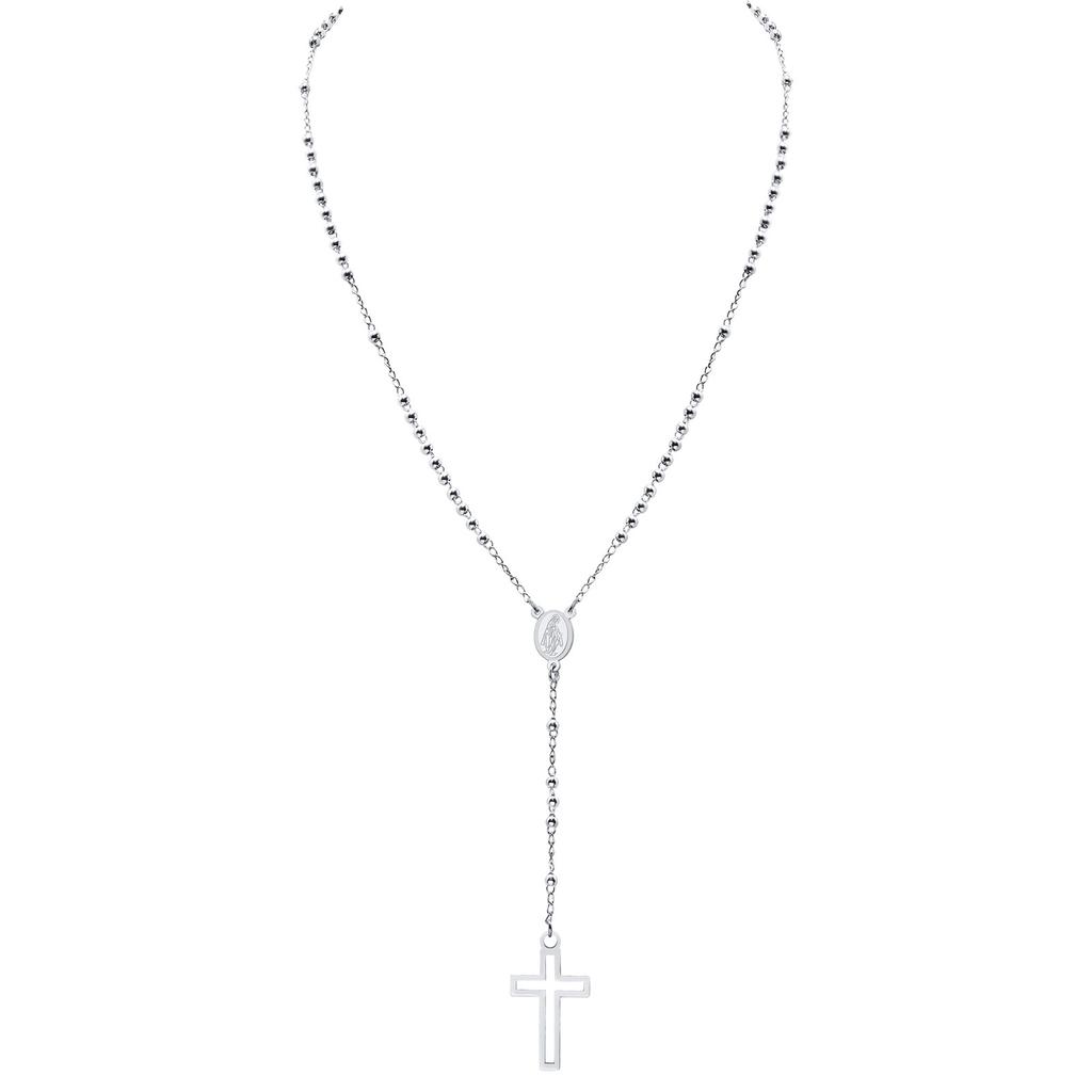 Damen Kreuz Rosenkranz Halskette, Maria mit Kreuz Anhänger, Schwarz Gold Farbe Edelstahl Christus Jesus Gebet Kirche Schmuck