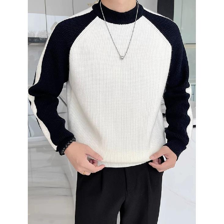 Pull Chaud à Col Roulé Automne et Hiver pour Homme Coréen Classique Vintage Manches Raglan Couleur Contrastée Pull Chemise de Fond Pull Homme