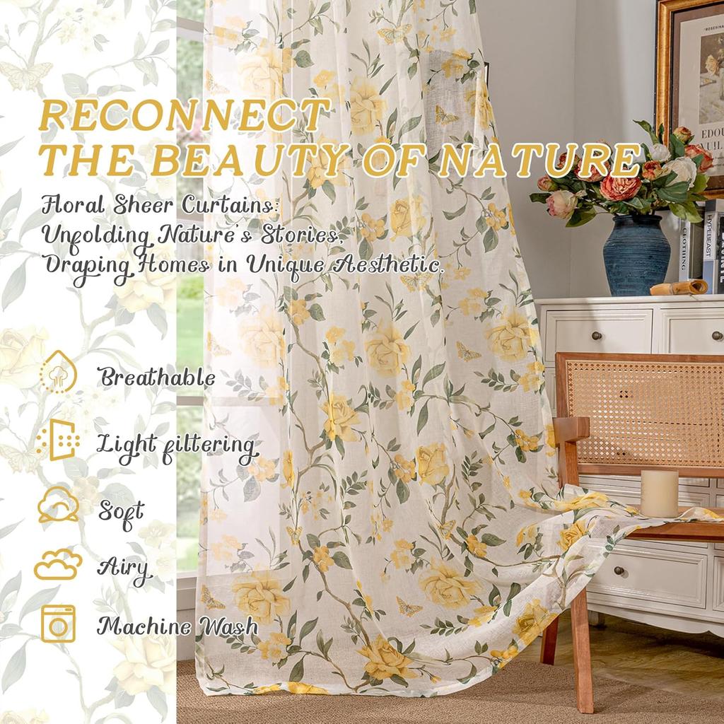 Floral Sheer Curtains For Girls Bedroom, Vintage Farmhouse Light Filtering Privacy Semi-Sheer Linen Curtains For Kids Nursery
