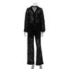 Women's Sheer Lace Lapel Long Sleeve Shirt High Waist Long Pants Sexy Two Piece Outfit Nightwear Set