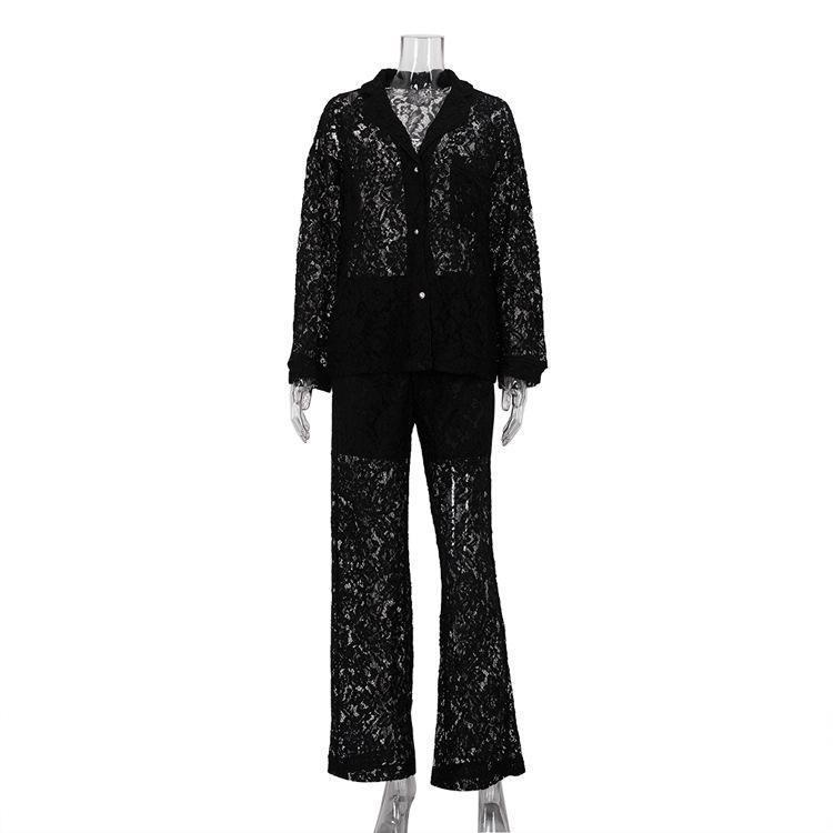 Women's Sheer Lace Lapel Long Sleeve Shirt High Waist Long Pants Sexy Two Piece Outfit Nightwear Set