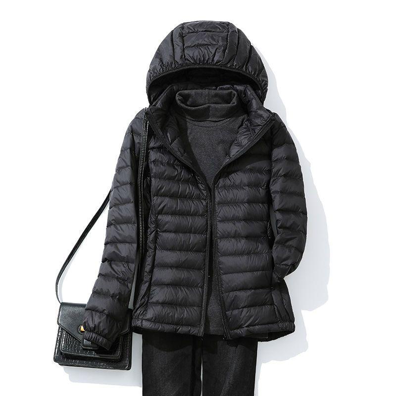 Jachetă scurtă cu glugă pentru femei - 90% puf de rață albă, ușoară, mărime plus, glugă detașabilă, stil toamnă/iarnă.