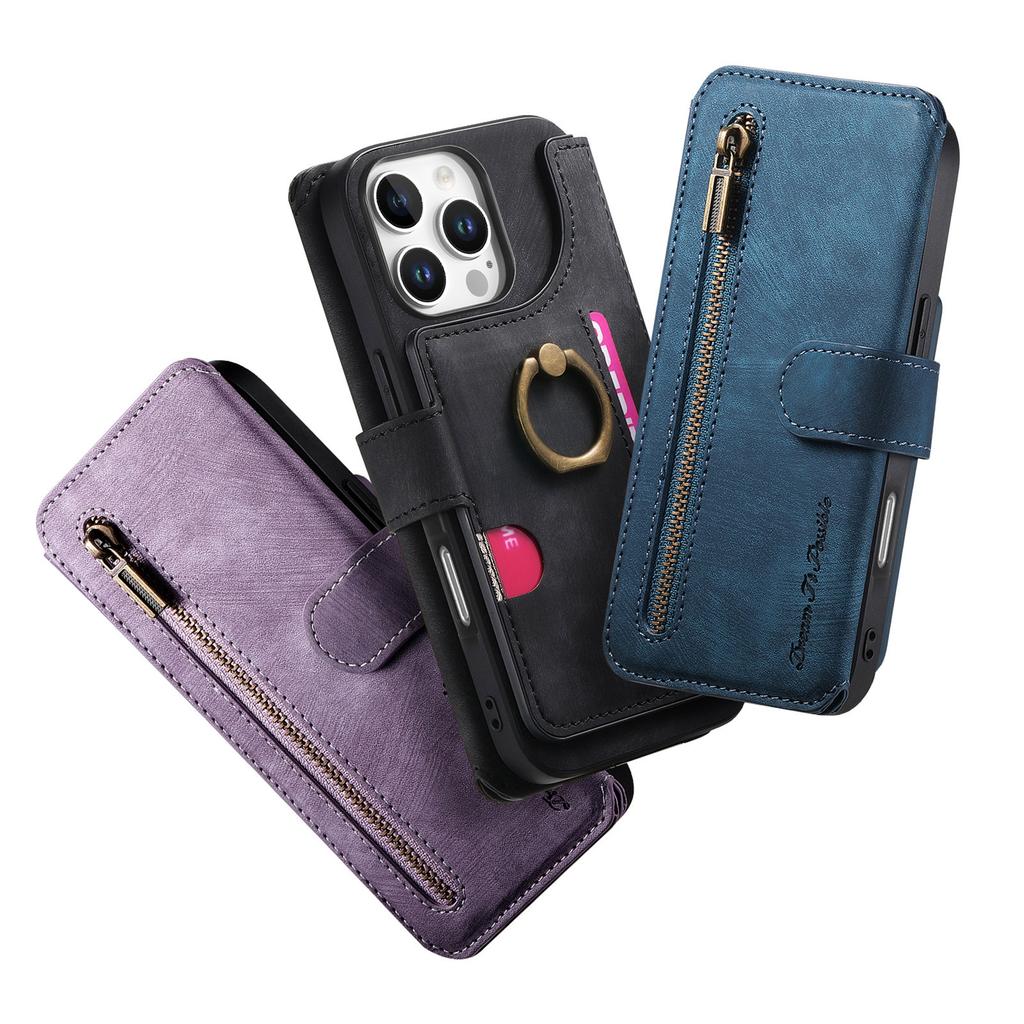 Luxury Zipper Cards Solt Wallet Leather Flip Case For iPhone 16 Pro Max 15 Plus 14 13 12 11 Ring Holder Purse Bag Cover Fundas