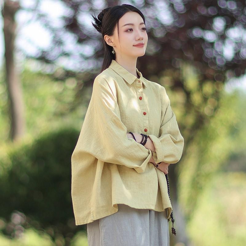 Johnature Women Vintage Shirts Tops Turn-down Collar Solid Color Blouses Autumn Button Soft Shirts