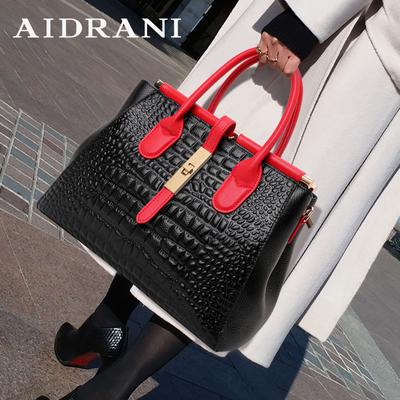 New Women's Leather Bag, Large Capacity Color Blocking Design Handbag with Crocodile Pattern Printed On The Surface