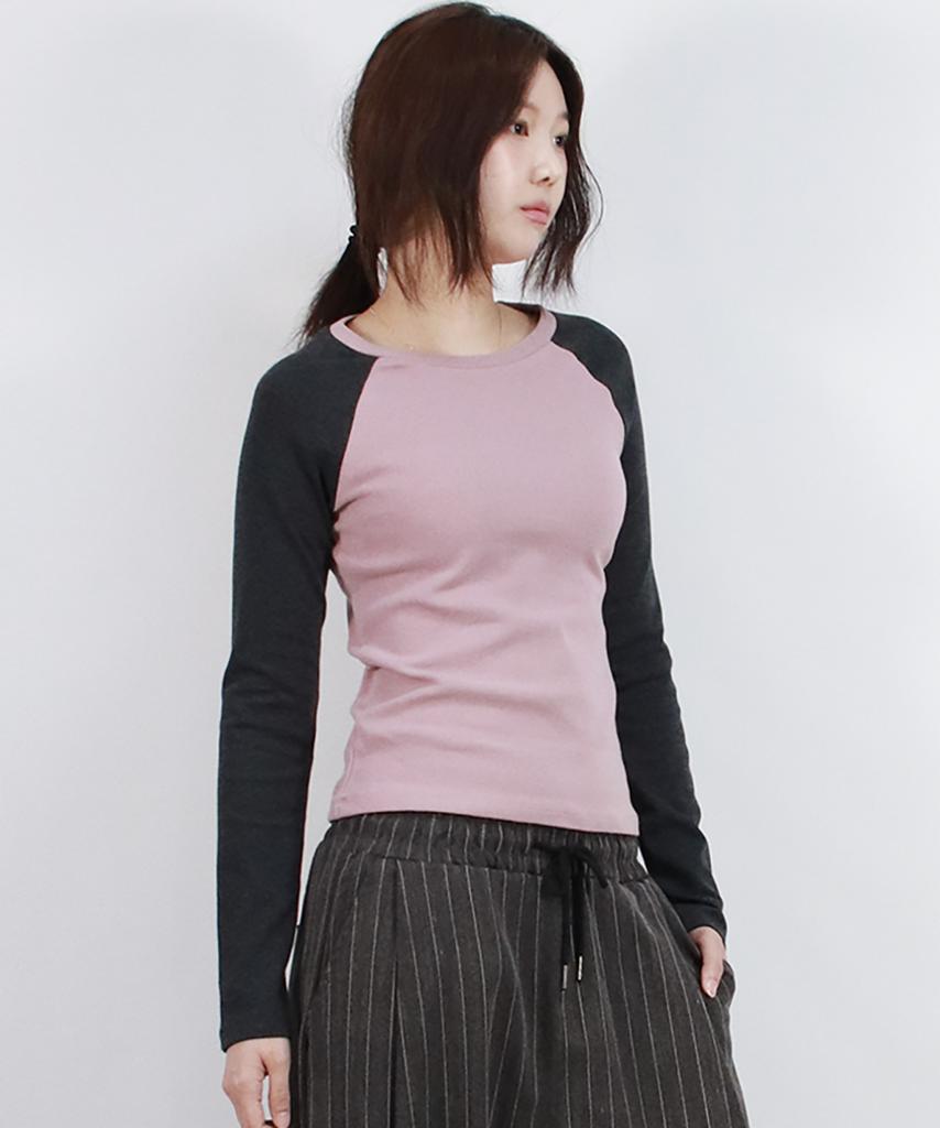 Deumakeu Vintage Solid Raglan Long-Sleeved T-Shirt Pink&Charcoal